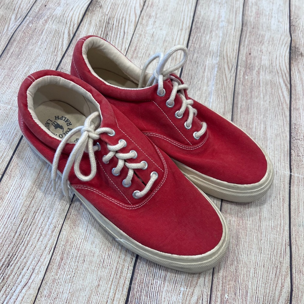 Polo Ralph Lauren Mens Red Canvas Low Top Lace Up Sneakers Skid Resistant Sole